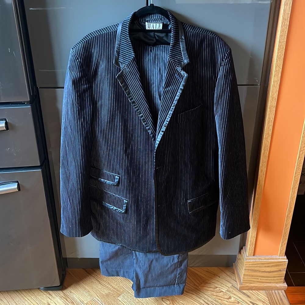 International Male Men's pinstripe suit, black faux velvet, size XXL satin trim